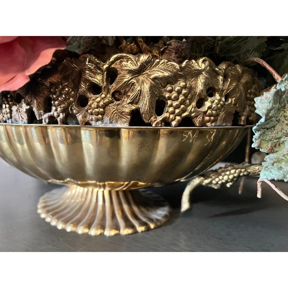 Vtg Large Ornate Grapevine Gooseneck Handle Brass Centerpiece Bowl Faux Flowers